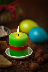 Colored eggs, wheat springs Nowruz Holiday in Azerbaijan. Selective focus.