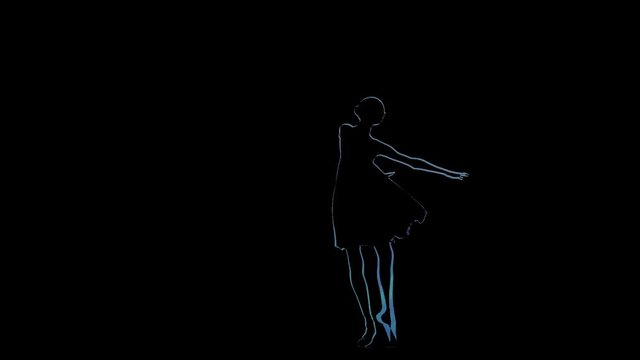 Computer graphics girl ballerina dance. Slow motion in black background