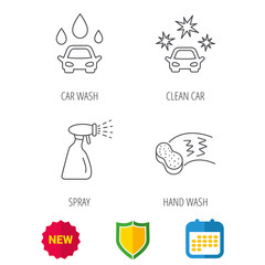 Car wash icons. Automatic cleaning station linear signs. Hand wash, sponge and spray flat line icons. Shield protection, calendar and new tag web icons. Vector