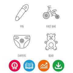 Bear toy, diapers and first bike icons. Pin linear sign. Award medal, growth chart and opened book web icons. Download arrow. Vector