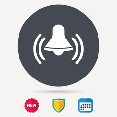 Bell icon. Reminder alarm signal symbol. Calendar, shield protection and new tag signs. Colored flat web icons. Vector