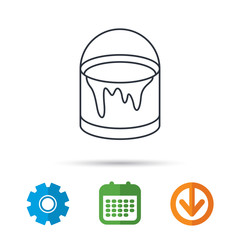 Bucket of paint icon. Painting box sign. Calendar, cogwheel and download arrow signs. Colored flat web icons. Vector