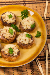 Stuffed Mushrooms with Breadcrumbs and Cheese. Selective focus.
