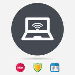 Computer with wifi icon. Notebook or laptop pc symbol. Calendar, shield protection and new tag signs. Colored flat web icons. Vector