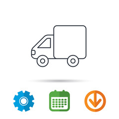 Delivery truck icon. Transportation car sign. Logistic service symbol. Calendar, cogwheel and download arrow signs. Colored flat web icons. Vector