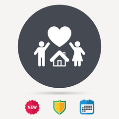 Family icon. Father, mother and child symbol. Calendar, shield protection and new tag signs. Colored flat web icons. Vector