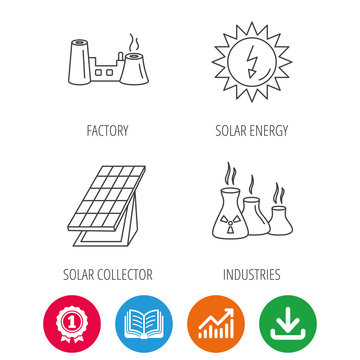 Solar collector energy, factory and industries icons. Solar energy linear signs. Award medal, growth chart and opened book web icons. Download arrow. Vector