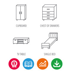 Single bed, TV table and cupboard icons. Chest of drawers linear sign. Award medal, growth chart and opened book web icons. Download arrow. Vector