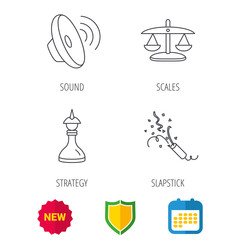 Scales of justice, sound and strategy icons. Slapstick linear sign. Shield protection, calendar and new tag web icons. Vector