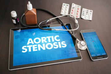 Aortic stenosis (heart disorder) diagnosis medical concept on tablet screen with stethoscope