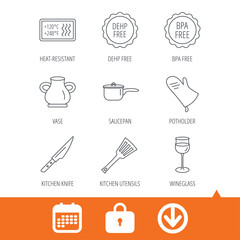 Saucepan, potholder and wineglass icons. Kitchen knife, utensils and vase linear signs. Heat-resistant, BPA, DEHP free icons. Download arrow, locker and calendar web icons. Vector