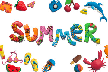 Handmade plasticine and clay putty poster of summer typography and objects. Summer lettering. 