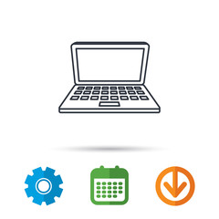 Laptop icon. Mobile PC sign. Calendar, cogwheel and download arrow signs. Colored flat web icons. Vector