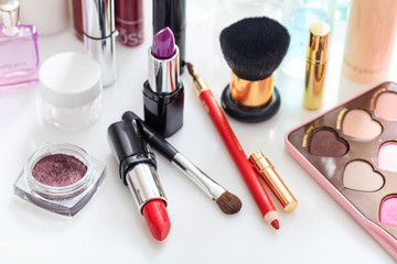 Set of makeup cosmetics on white background