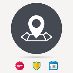 Location icon. Map pointer symbol. Calendar, shield protection and new tag signs. Colored flat web icons. Vector