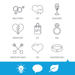 Love heart, gift box and wedding ring icons. Broken heart and engagement linear signs. Valentine amour arrows, brilliant flat line icons. Light bulb, speech bubble and leaf web icons. Vector