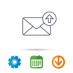 Mail outbox icon. Email message sign. Upload arrow symbol. Calendar, cogwheel and download arrow signs. Colored flat web icons. Vector