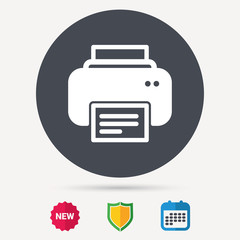 Printer icon. Print documents technology symbol. Calendar, shield protection and new tag signs. Colored flat web icons. Vector