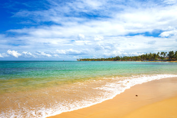 sea surf on the beach. Sand, sea, blue sky and white clouds