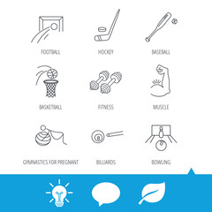 Football, ice hockey and fitness sport icons. Basketball, muscle and bowling linear signs. Billiards and gymnastics for pregnant icons. Light bulb, speech bubble and leaf web icons. Vector