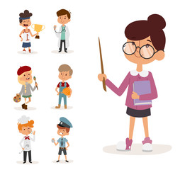 cartoon profession kids children vector set illustration person teacher painter sportsman chef builder policeman doctor artist driver businessman