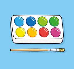 Watercolor paints set in box with a brush illustration.