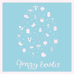 Light pink lettering Happy Easter, doodle egg on blue stock vector illustration