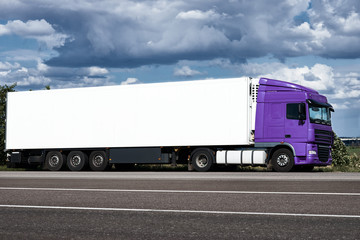 Fototapeta na wymiar Truck on road with white blank container, blue sky, cargo transportation concept