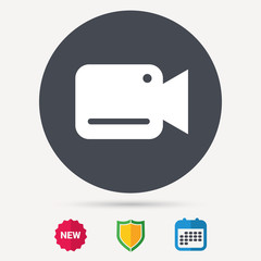 Video camera icon. Film recording cam symbol. Security monitoring. Calendar, shield protection and new tag signs. Colored flat web icons. Vector