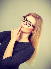 Closeup of woman thinking face expression