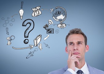 Businessman thinking over garphic icons