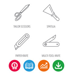 Paper knife, spatula and scissors icons. Multi-tool knife linear sign. Award medal, growth chart and opened book web icons. Download arrow. Vector