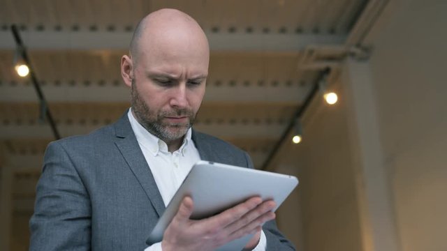 Middle-Aged Businessman Focused on Work with Tablet