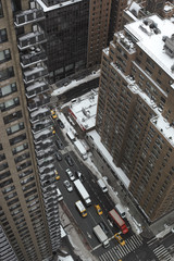 Snow covered balconies, roofs and streets in Manhattan after snowstorm Stella