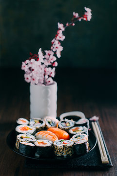 Sushi served on blackboard