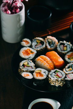 Sushi served on blackboard