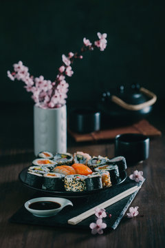 Sushi served on blackboard