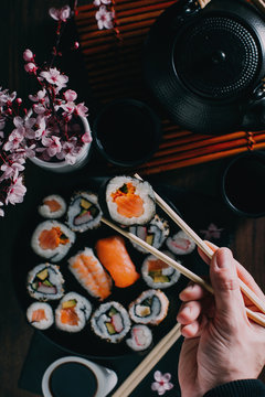 Sushi served on blackboard