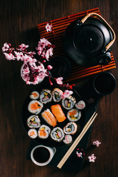 Sushi served on blackboard