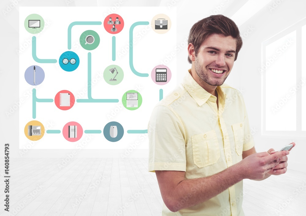 Poster man using mobile with application icons