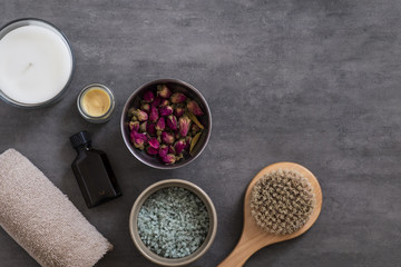 Organic spa cosmetic and products on stone background. Top view, copy space