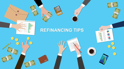 illustration of Refinancing tips discussion situation in a meeting with paperworks, money and coins on top of table