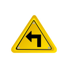 metallic realistic yellow triangle frame turn left traffic sign vector illustration
