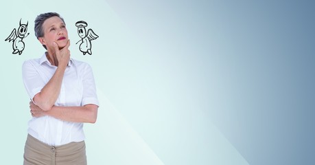 Thoughtful businesswoman between good and bad conscience