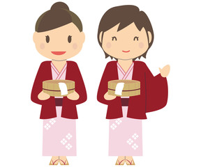 かわいい女子2人旅行　風呂桶を持って浴衣で温泉