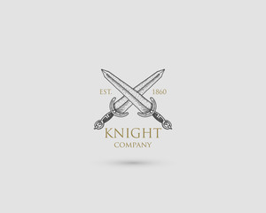 Swords Logo, medieval knight dagger antique vintage symbol , engraved hand drawn in sketch or wood cut style, old looking retro