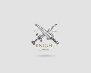 Swords Logo, medieval knight dagger antique vintage symbol , engraved hand drawn in sketch or wood cut style, old looking retro