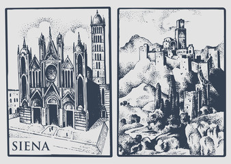 two vintage postcards with landscapes of Tuskany, Italy. Siena Cathedral and castle in the hill vintage lookiing engraved, hand drawn illustration, old