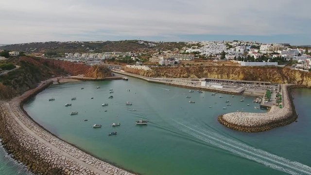 Aerial. View marina port tourist town Albufeira.