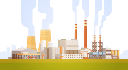 Obraz premium Factory Building Nature Pollution Plant Pipe Waste Banner Flat Vector Illustration